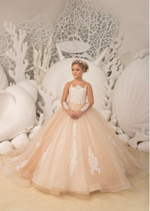 Long Sleeves Ivory And Cappuccino Lace Tulle Dreamy Flower Girl Dress